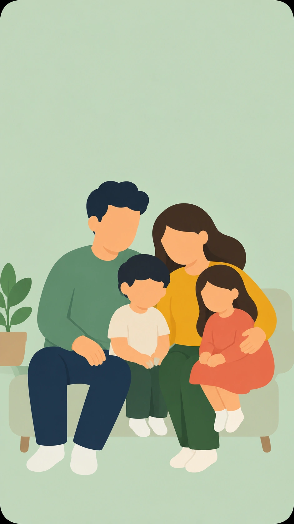 Ilustração de uma família sentada junta no sofá, os pais com duas crianças no colo.